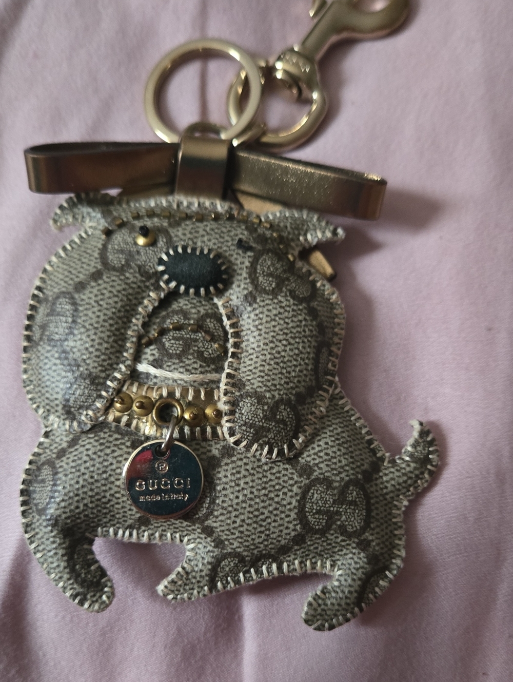 Gucci Brown & Beige Monogram Bulldog Keychain Or Bag Charm with Gold Hardware